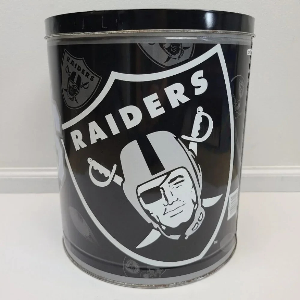 Vintage 1996 Oakland Raiders Metal Popcorn Tin Black Silver Large Size - Picture 5 of 16